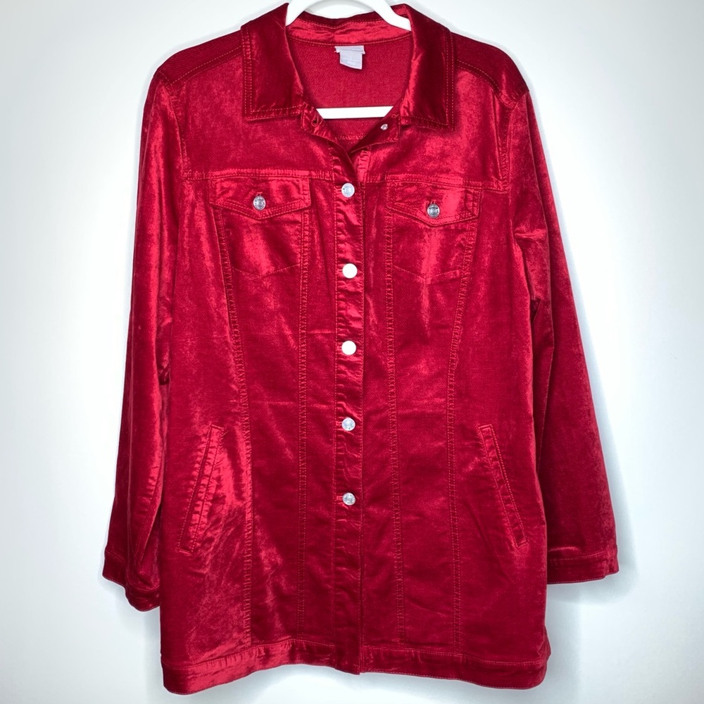 Chico’s Red Velveteen Elongated Button-Down Jacket